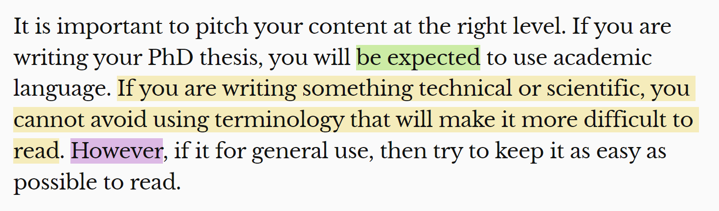 Paragraph of text with one use of passive voice, one hard sentence and one phrase that could be simpler.