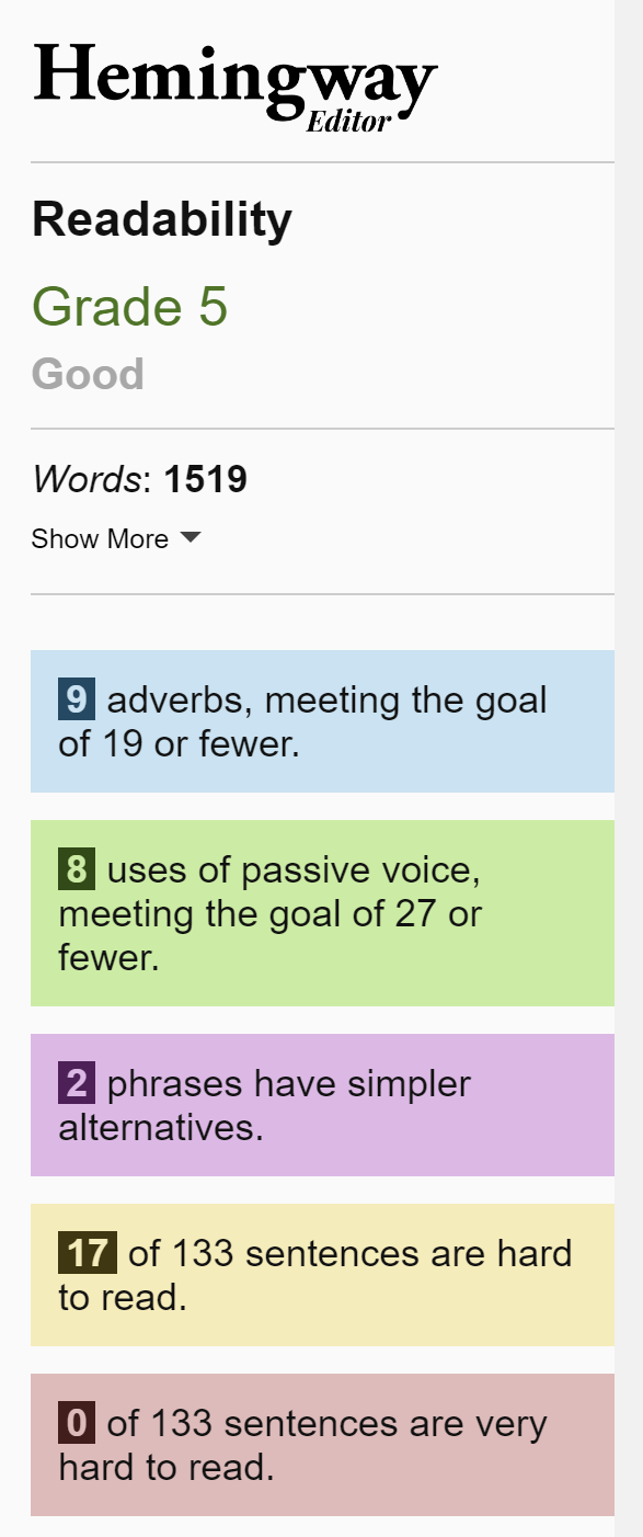 Screenshot of Hemingway Editor results.