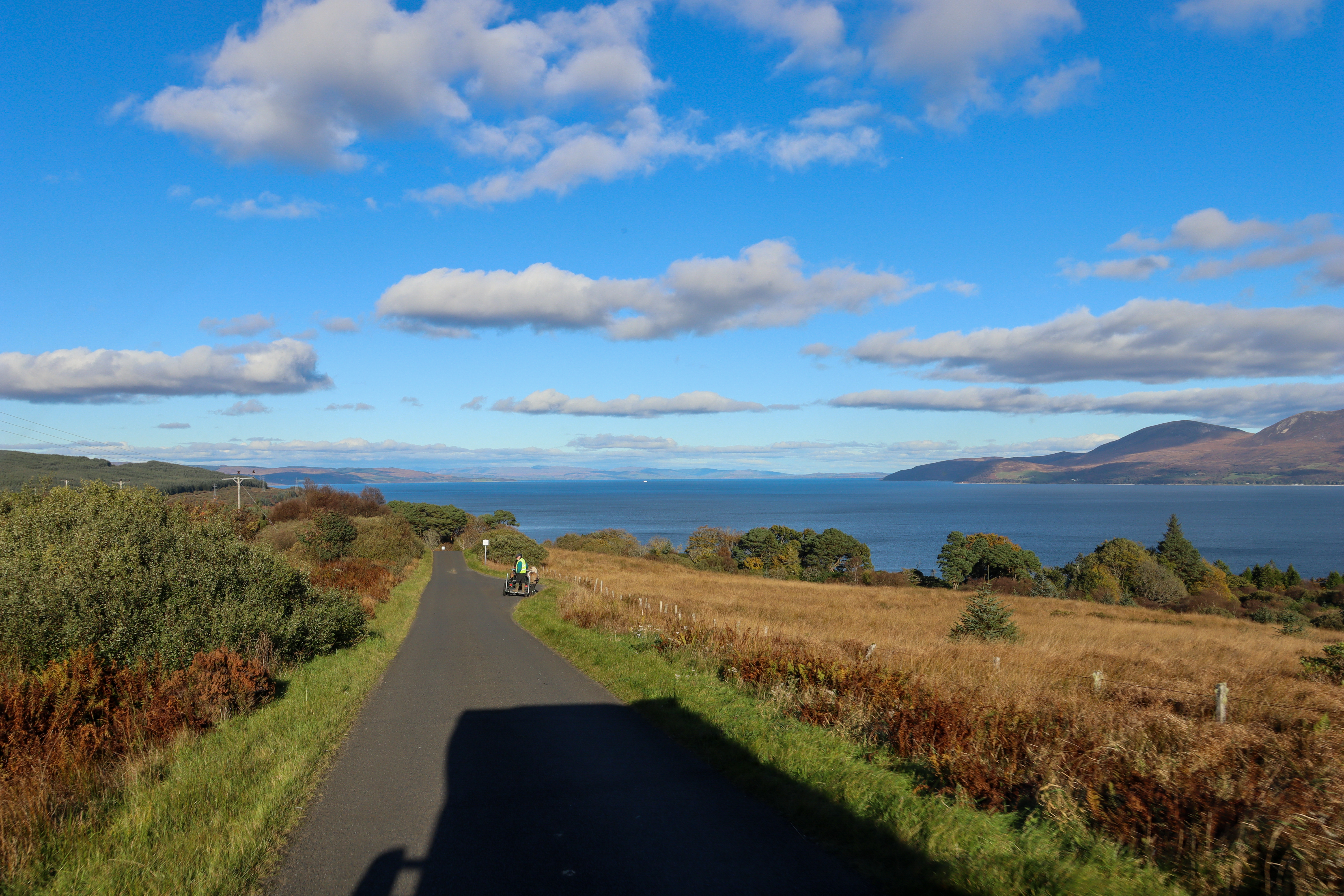 View from the motorhome whilst driving along a single track road. Ahead, a horse and cart have pulled into a passing place.