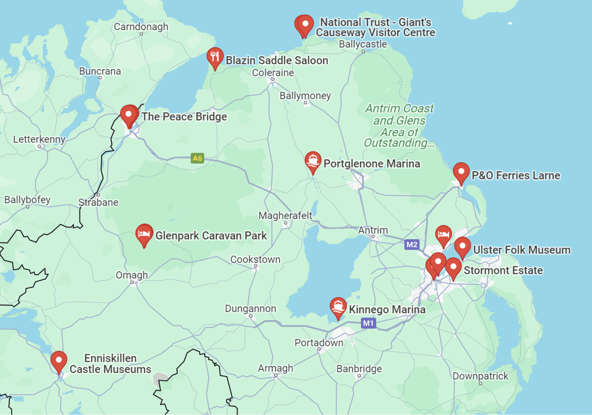 Map of Northern Ireland, showing places we will visit in Belfast, Enniskillin, Derry and the north coast.