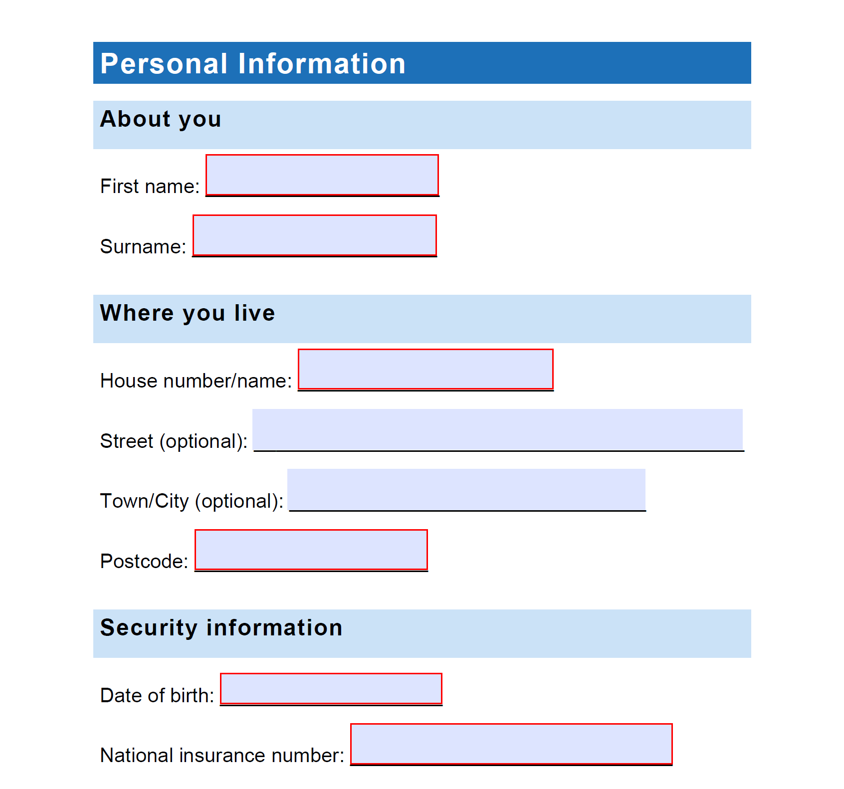 Screenshot of very smart form in PDF with edit boxes instead of lines for the answers.