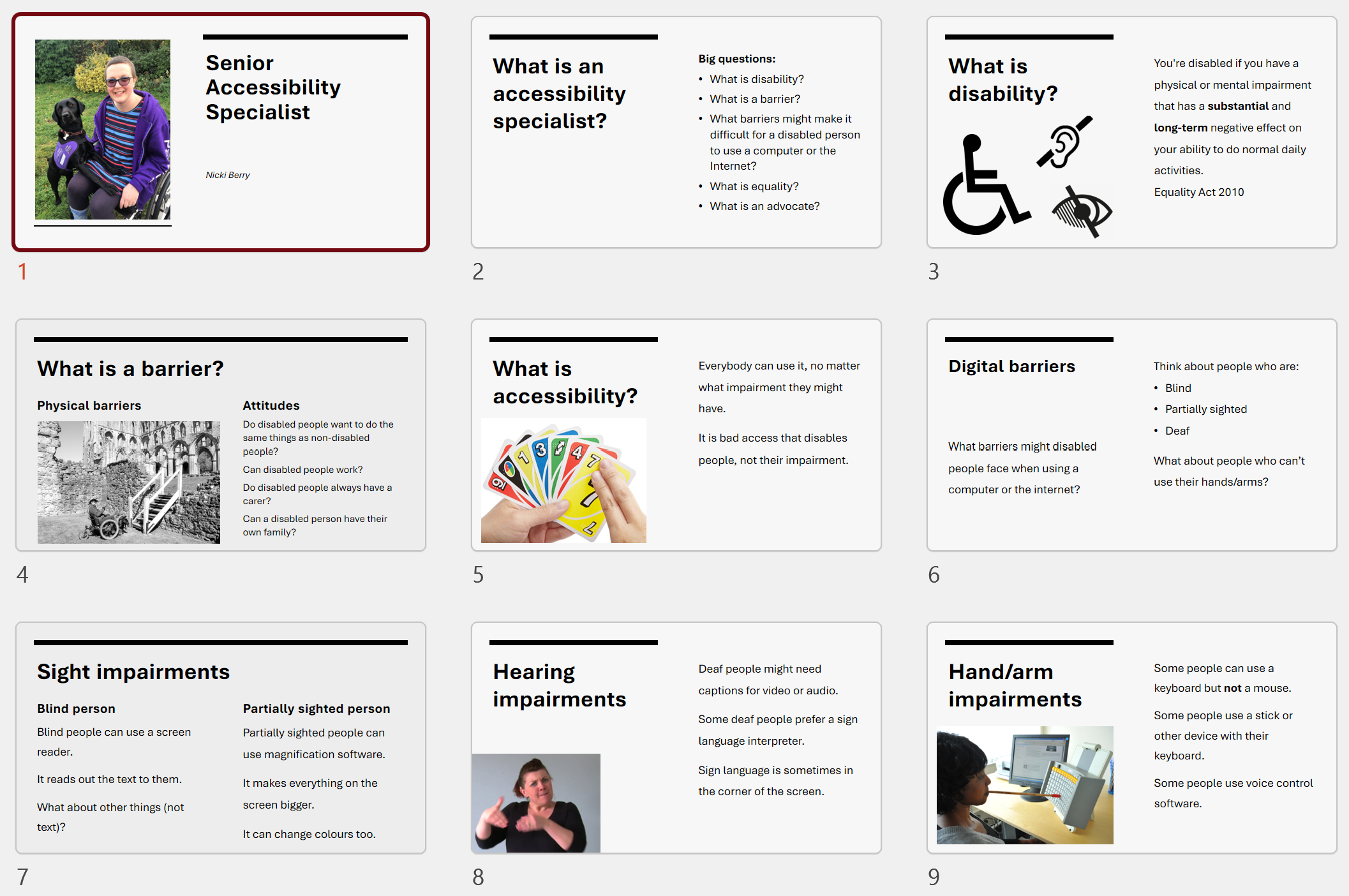 Slide sorter in PowerPoint, showing 9 slides with clear, meaningful titles