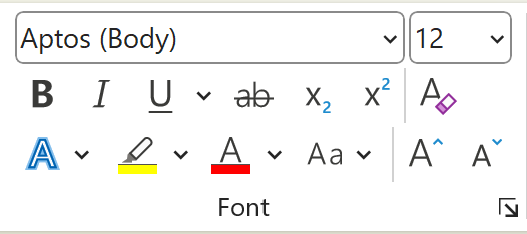 Screenshot of the font options in Word, currently set to Aptos size 12