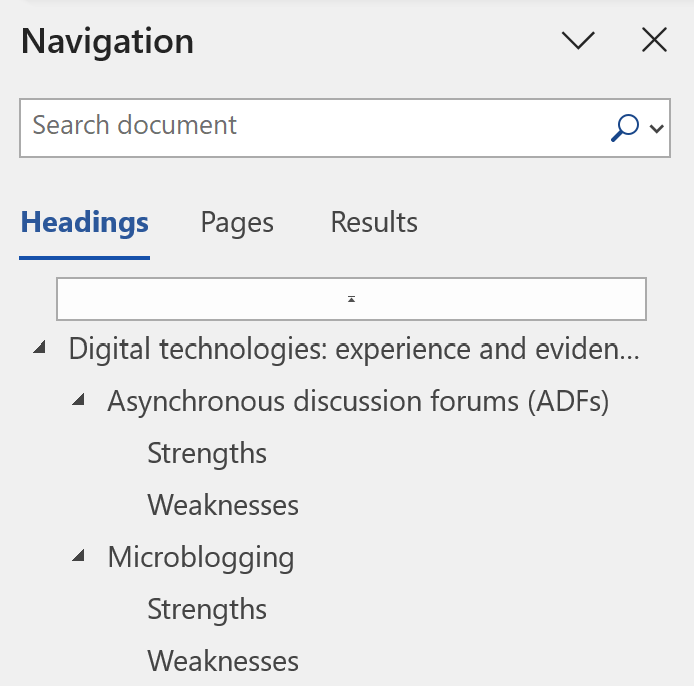 Navigation pane in Word showing a heading 1, two headings 2, and within each heading 2, two headings 3