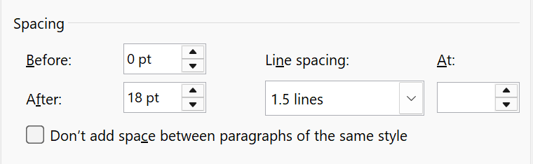 Screenshot of the line spacing options in Word, currently set to 1.5 spacing with 18 points between paragraphs