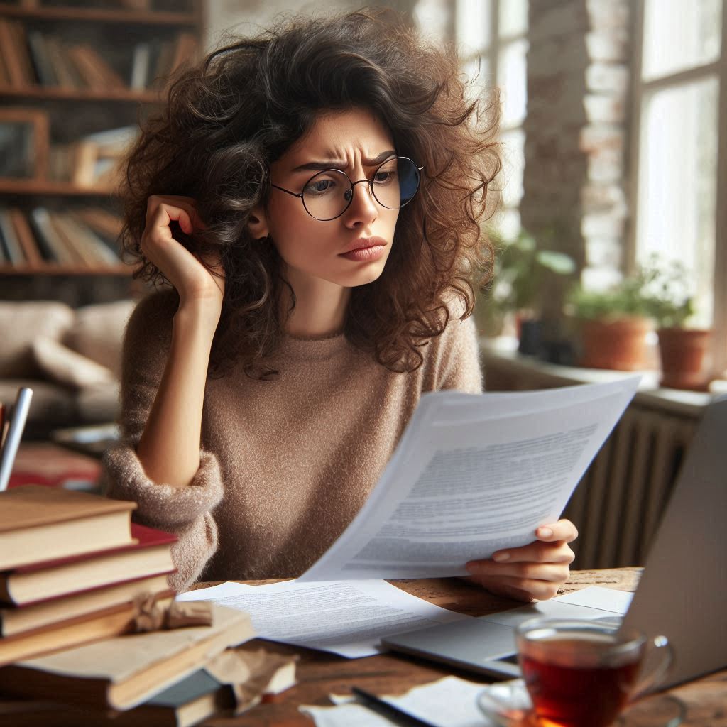 Young woman reading a document and looking confused