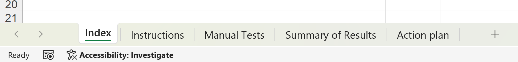 5 tabs at the bottom of a workbook with names: index, instructions, manual tests, summary of results, and action plan