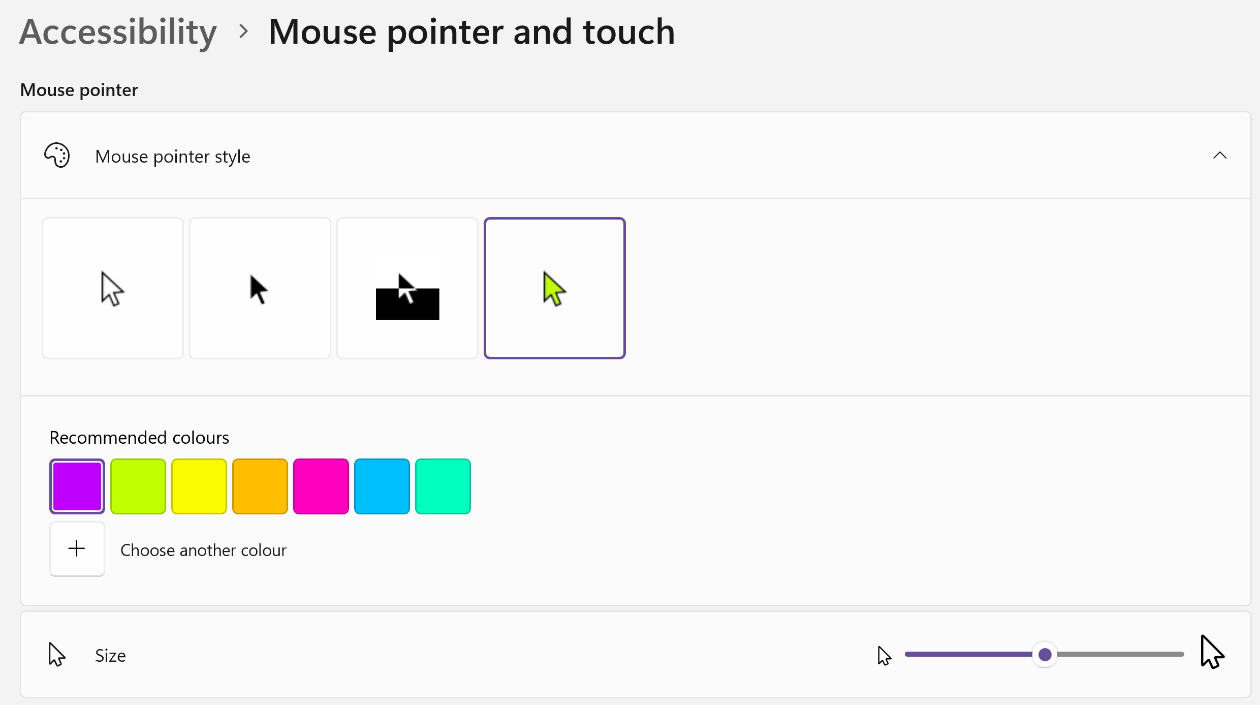 Mouse pointer set to size 8 and purple