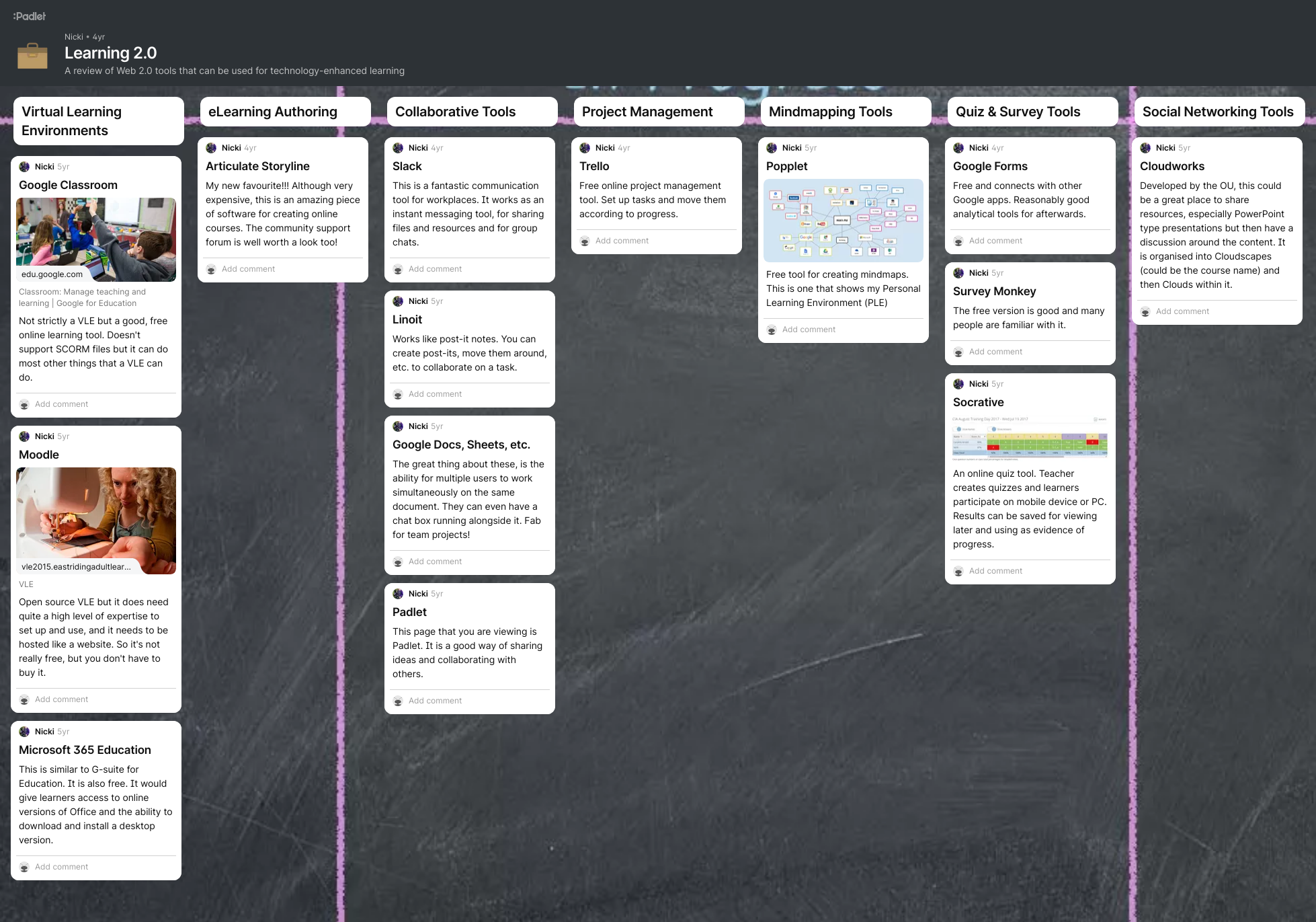 A Padlet organised by column headings