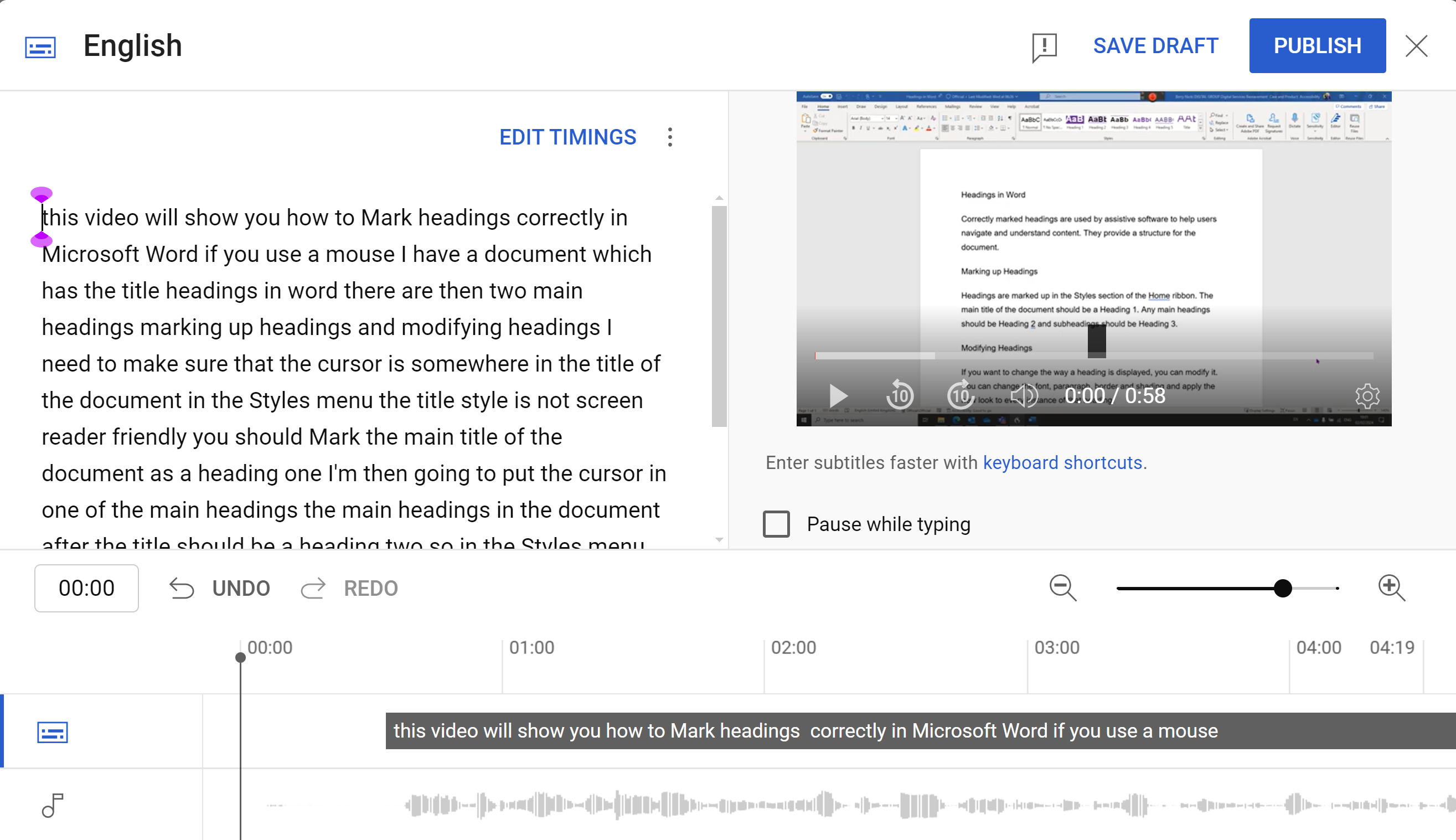 Screenshot of YouTube's caption editor, showing one long block of unpunctuated text.