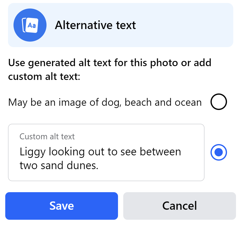 Screenshot of alt text in the edit box, reading: Liggy looking out to see between two sand dunes.