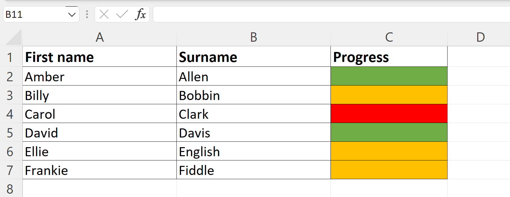 Excel spreadsheet with 6 people and their progress shown with red, orange and green bars but no text