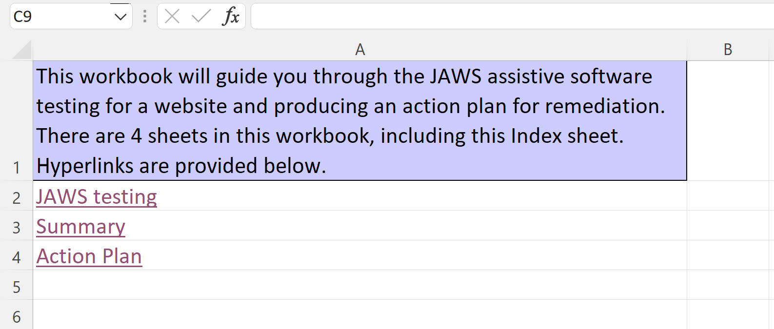 Screenshot of index sheet with summary in cell A1 and hyperlinks to each sheet