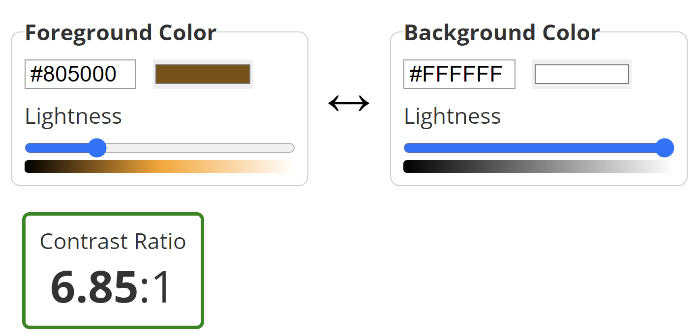 Screenshot of contrast checker with #805000 in the foreground colour and #ffffff in the background, giving a contrast ratio of 6.85 to 1.