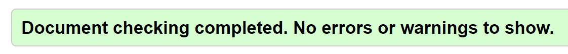 Green bar saying document checking completed, no errors or warnings to show.